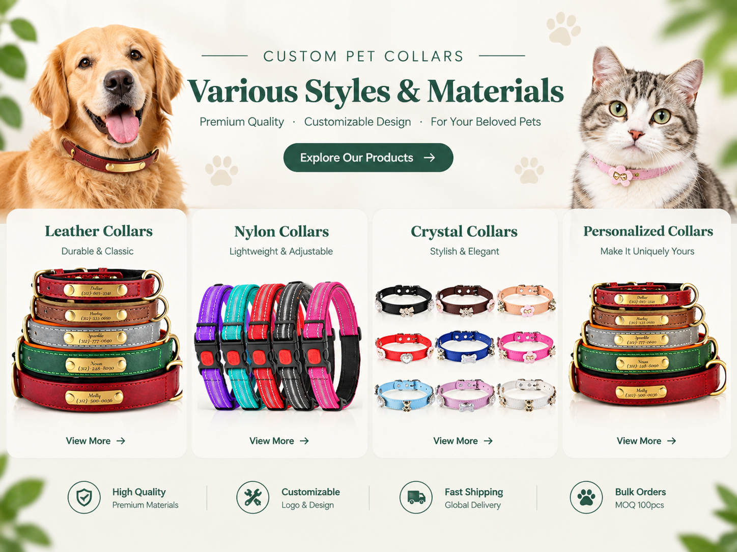 A collection of custom dog collars in different colors, materials, and hardware finishes for pet brands