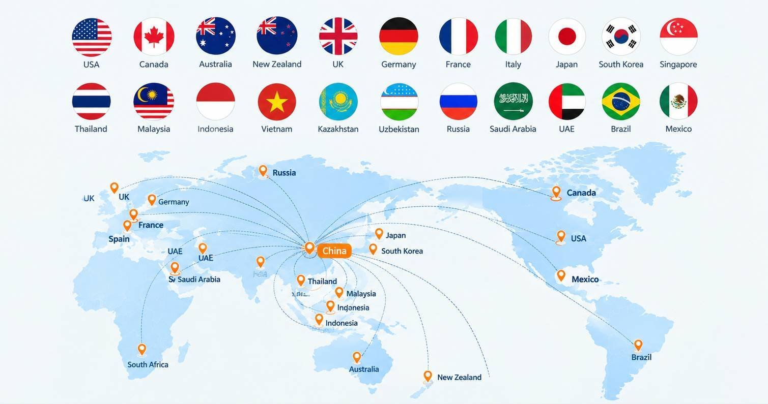 Simplified world map highlighting PET CUSTOM export markets