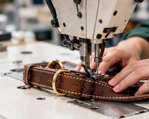 Line supervisor inspecting partially assembled collars on the sewing line